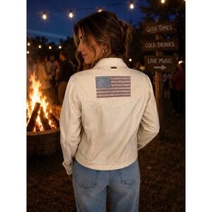 St. John Sport Marie Gray White Denim Jacket Bejeweled American Flag M Vtg 90's